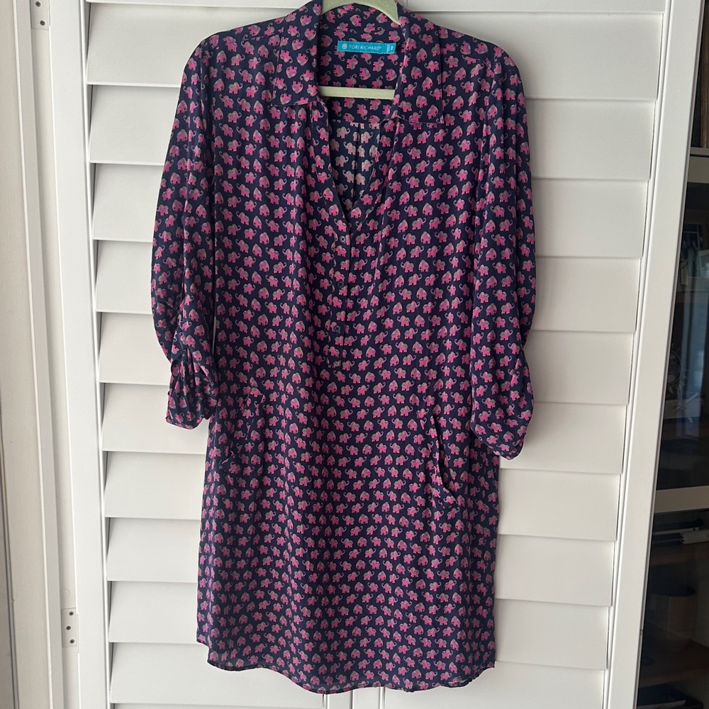 Tori Richard elephant print silk shirt dress with pockets